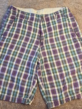 OTB Authentic Gear Men Plaid Flat Front Shorts Ramie Cotton Size 32 Purple Green